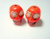 Bright Color Flower Eyes Dark Orange Howlite Skull Beads