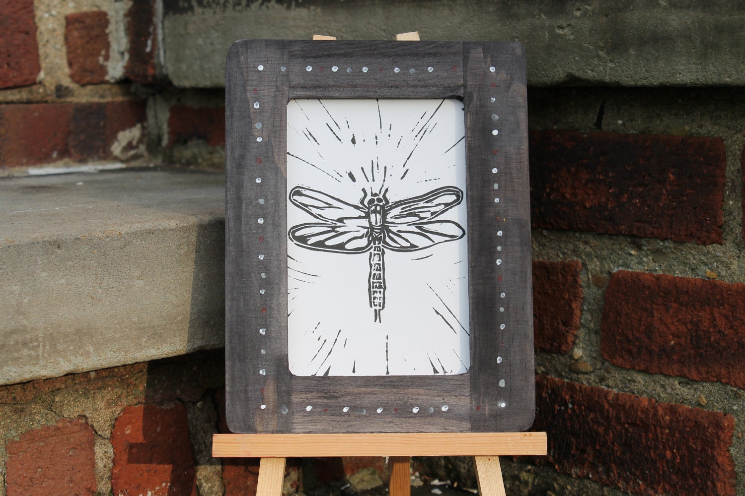 Linocut Print of a Dragonfly on White Paper with Handpainted Frame