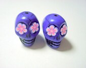 Pink Flower Eyes in Purple Howlite Skull Beads