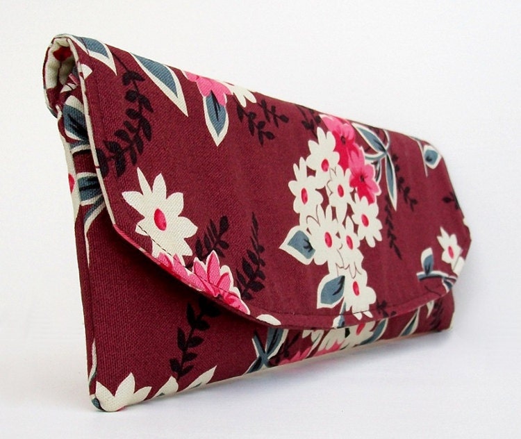 Flowers on Burgundy Clutch, Long Clutch Purse