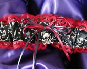 Black and White Skull-Crossbones Garter-Blood Red Lace