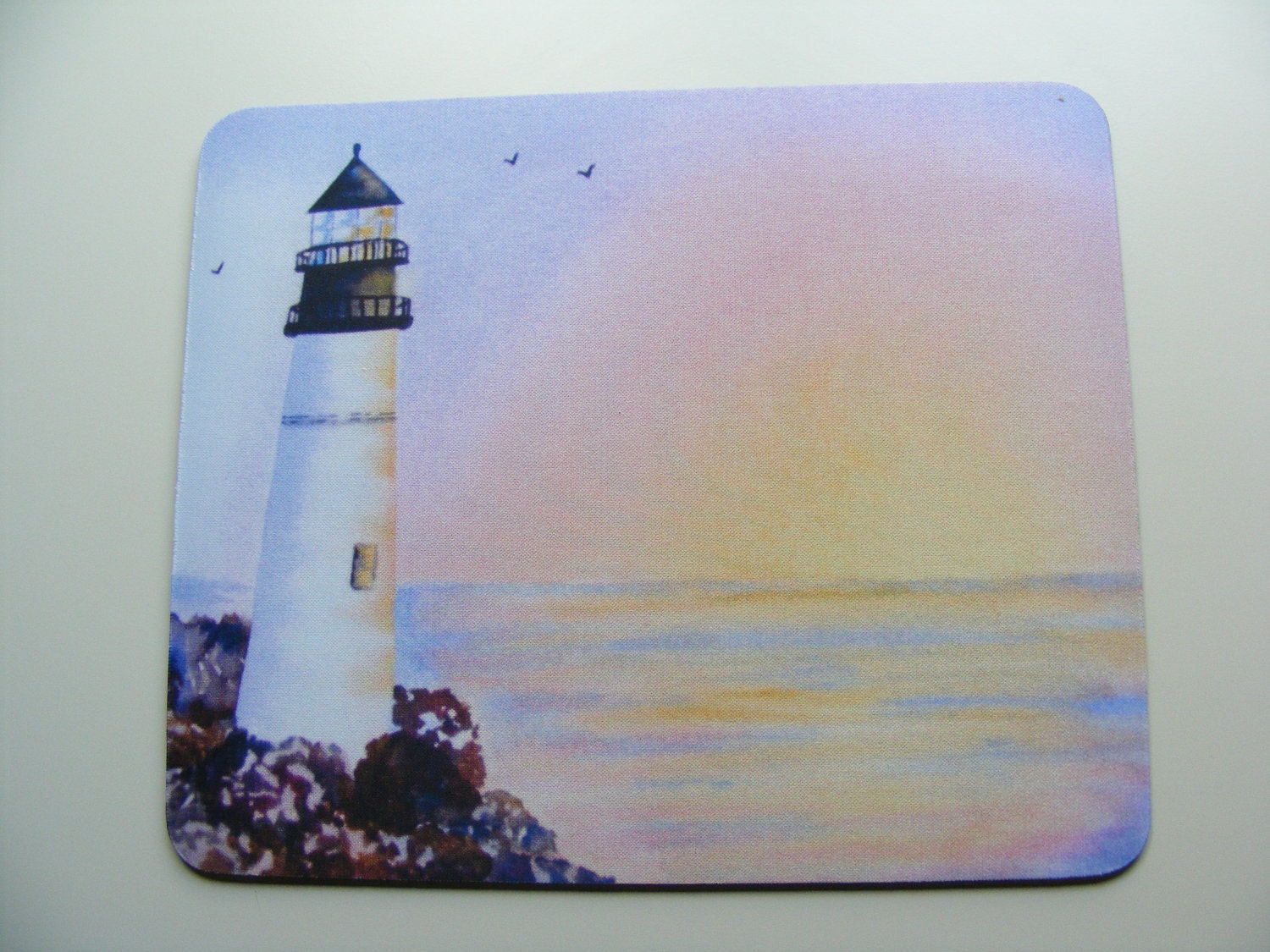 Mouse Pad with Ocean Overlook Watercolor Painting of Lighthouse Image