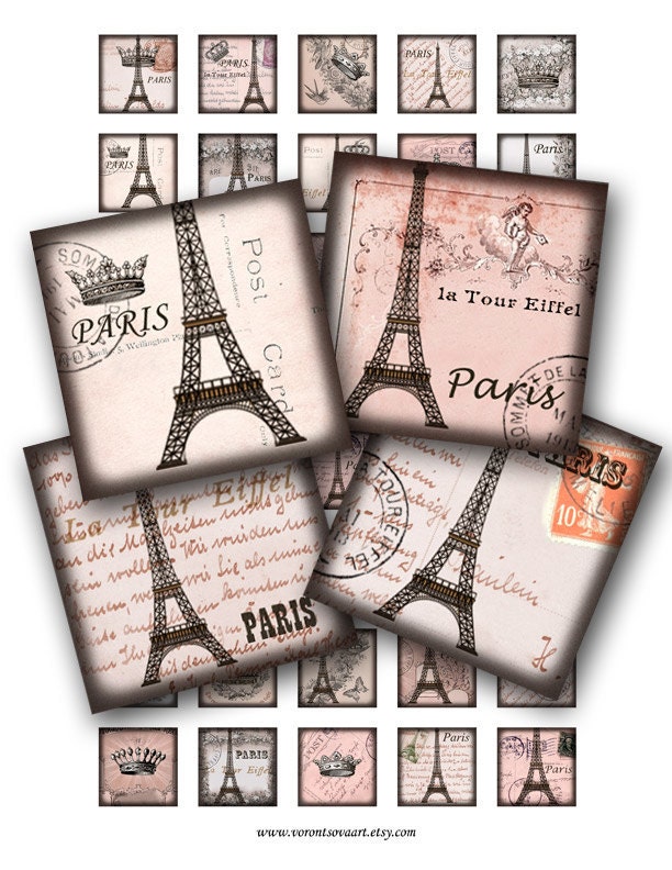 Vintage Paris Eiffel tower Winter Rose. 1x1 inch scrabble tiles. Digital Collage sheet. Printable image square tiles. 306