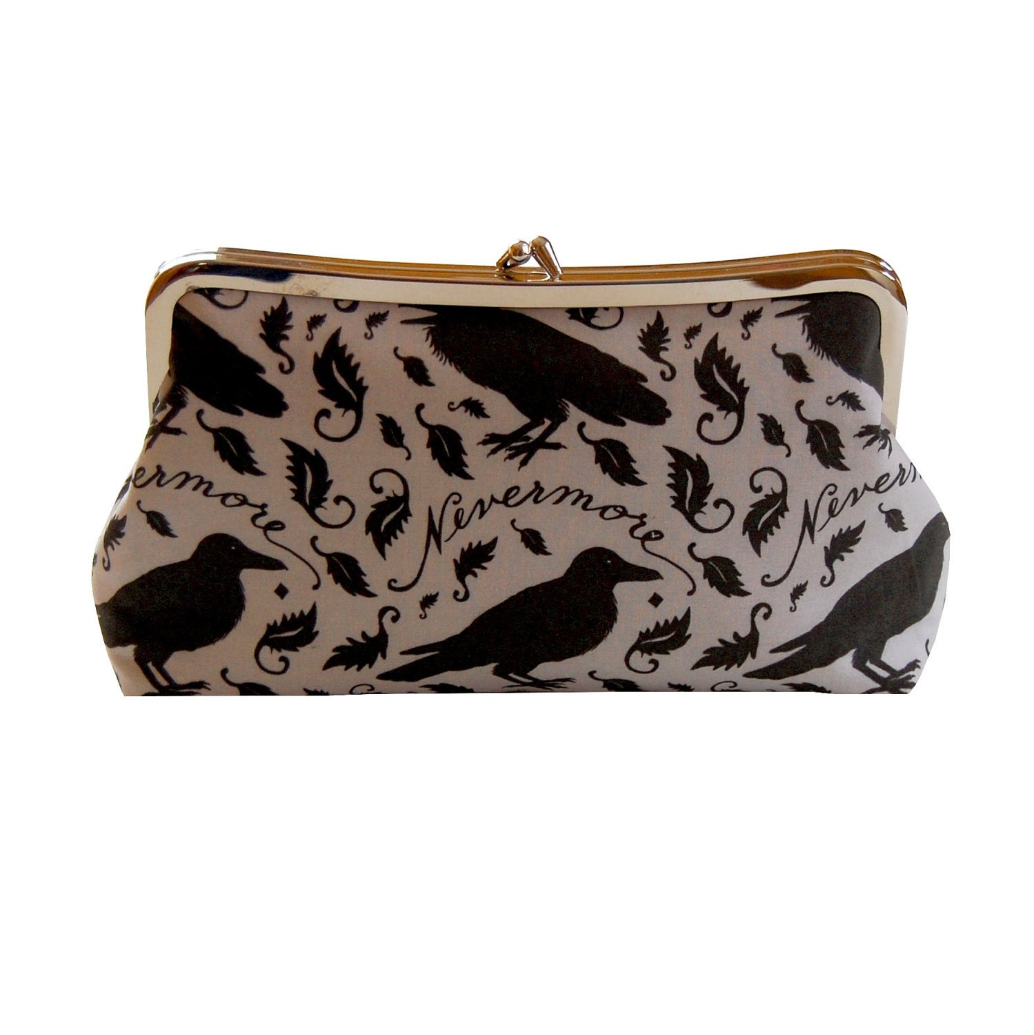 Clutch purse with black raven on gray - inspired by Edgar Allan Poe