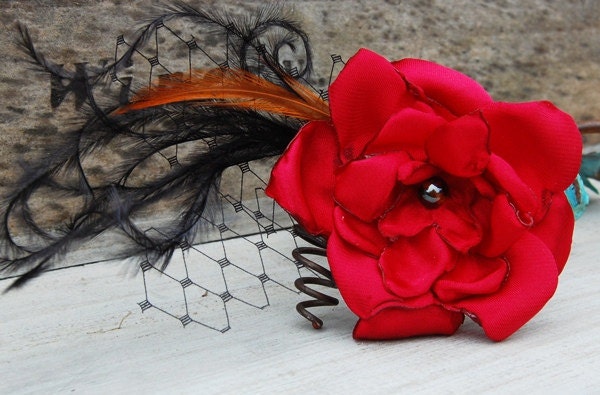 Handmade fabric flower red satin flower with rooster feather, reclaimed fabric, handcrafted wearable art. OOAK