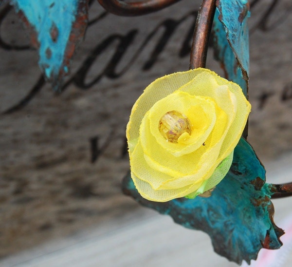 Adjustable Ring Handcrafted wearable art fabric flower ring yellow w/leaf using recycled fabric. OOAK, perfect stocking stuffer.