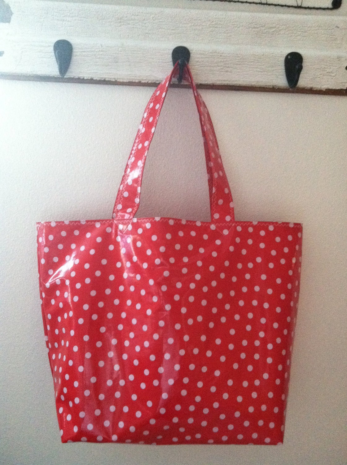 Beth's Big White Dot on Red Oilcloth Market Tote Bag