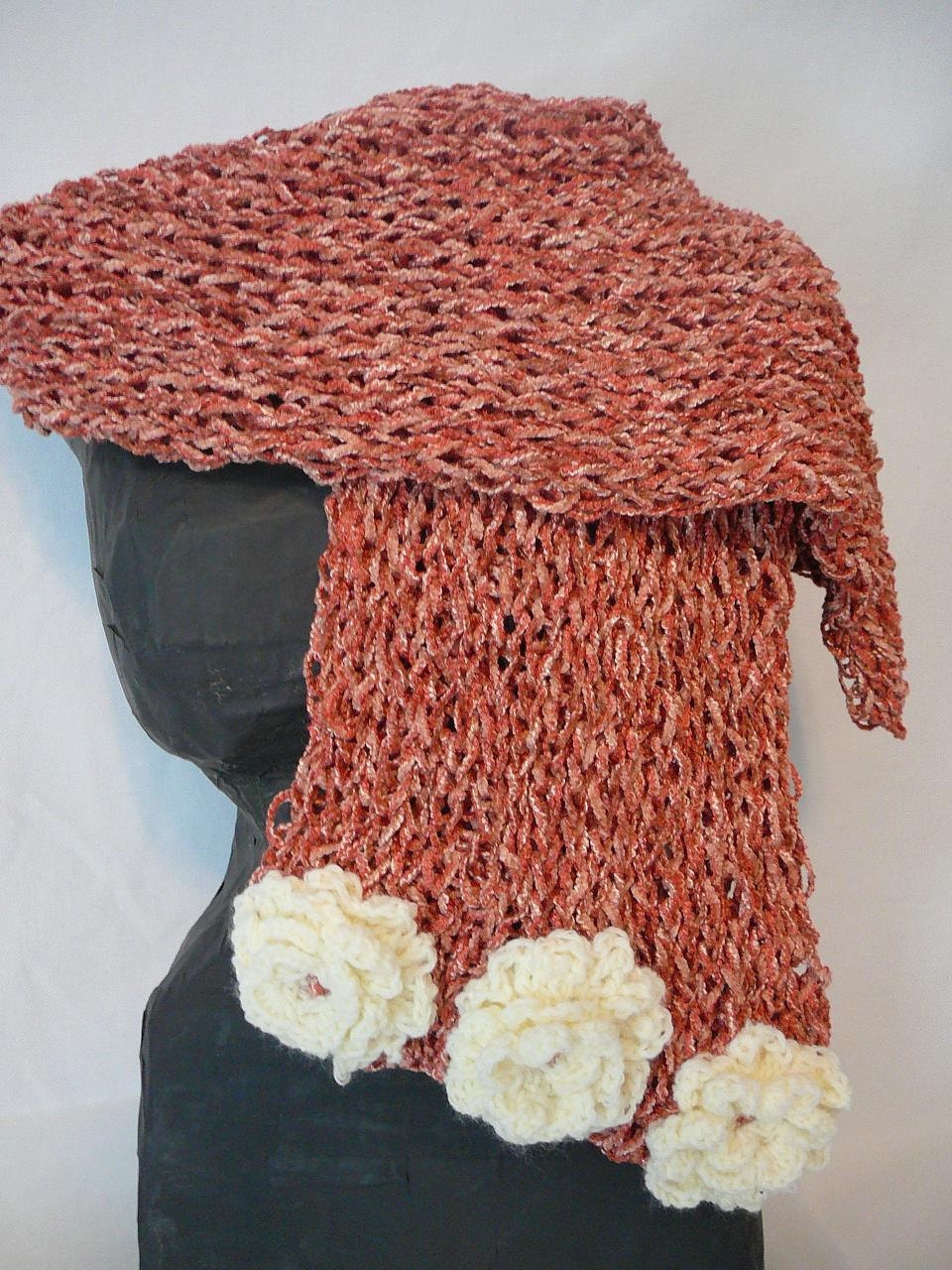 Victorian Rose Color Scarf with Crocheted Off White Roses Winter Warmer