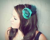 Handmade fabric flower vintage scarb hair clip handcrafted wearable art blue, green vintage brooch lace adorned with black green feathers