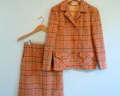 Vintage Orange Plaid Skirt Suit 1960s Wool Jacket and Skirt Set Big Gold Buttons S/M