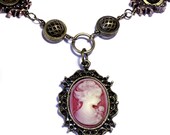Steampunk Necklace - Raspberry Victorian Lady Portrait Cameo and mixed metal