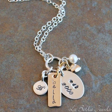 Personalized Hand Stamped Two Tone My Family Name Date Mother's Necklace