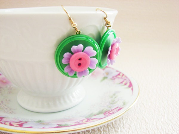 Vintage Button Earrings in Lime Pink Lavender Dangle Flowers. CLEARANCE SALE