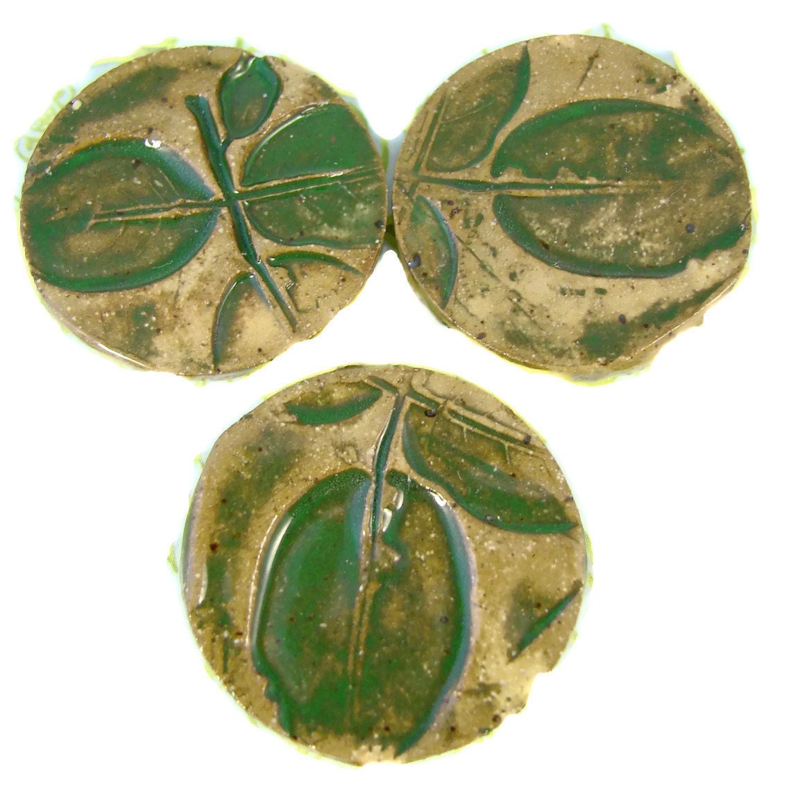 Ceramic Buttons - 3 Handmade Green Leaf with Shank / Stoneware Clay Pottery