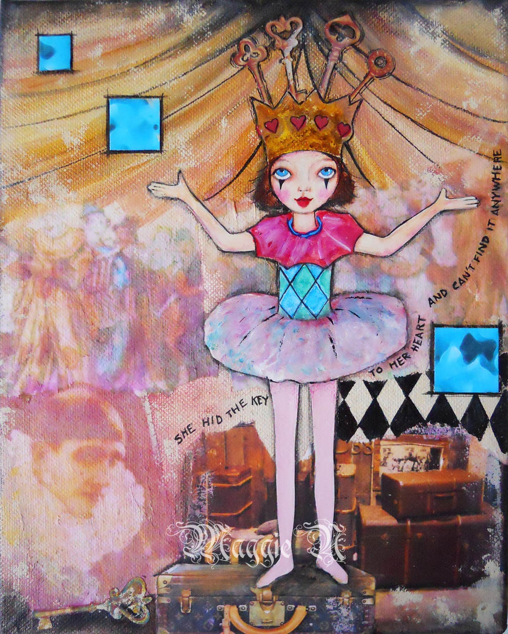 Circus Lament - The Key to Her Heart - Original Mixed Media Art - 8 x 10 Inch Canvas