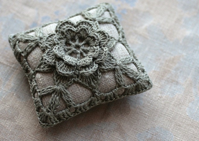 Linen  pincushion - crochet motif