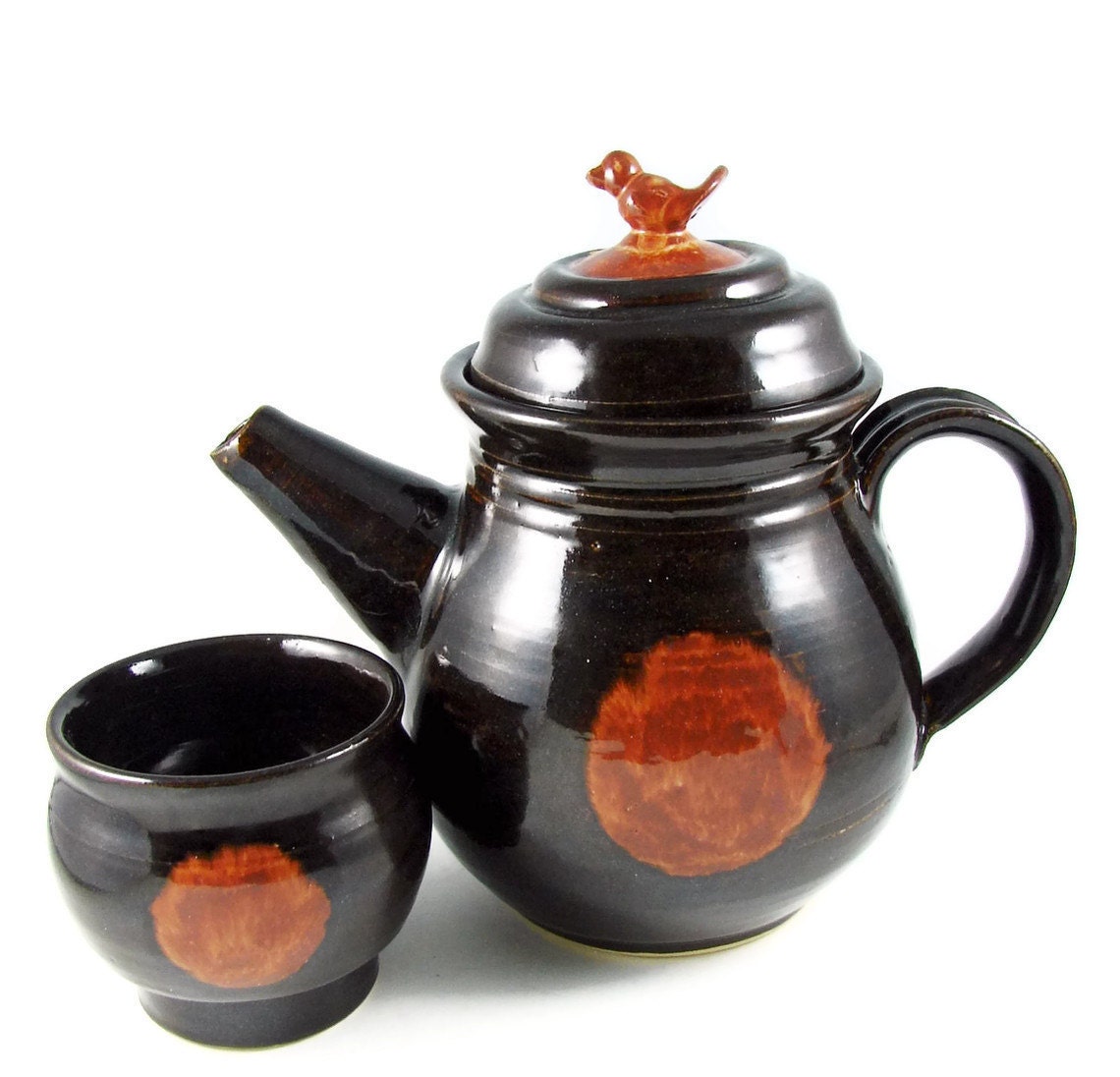 Ceramic Teapot Set - Handmade Little Bird on Top- Stoneware Clay Espresso Sunrise Series