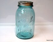Antique Blue Ball Jar Vase with Flower Frog