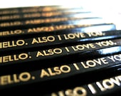 VALENTINE PENCILS (6) - Hello. Also I love you - black and gold GRAPHITE hex pencils w/ stamped craft pencil case