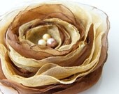 Fabric flower brooch with glass pearls, fabric flower pin, gold yellow, brown color , Ready to ship