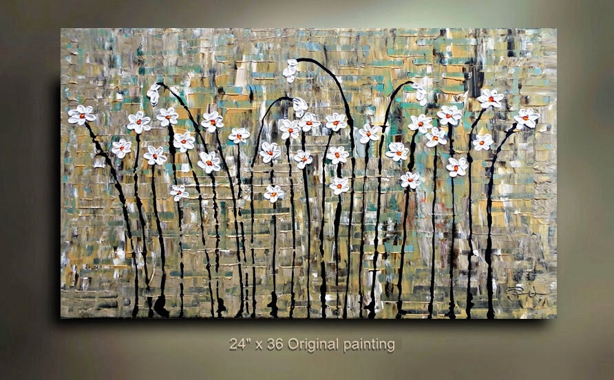 ORIGINAL White Flower Painting Abstract Landscape Artwork Flowerscape Heavy Textured 36x24 Modern Contemporary art Made to Order by OTO