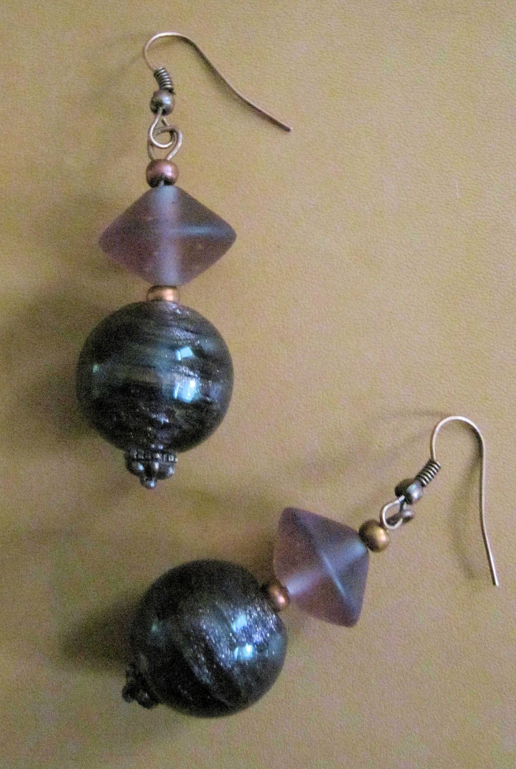 Pancreatic Cancer Awareness - Purple czech glass  beads copper wire earrings