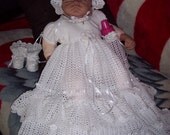 Heirloom Hand Crocheted and beaded  christening / baptism gown, under slip, bonnet, booties, and bottle cover