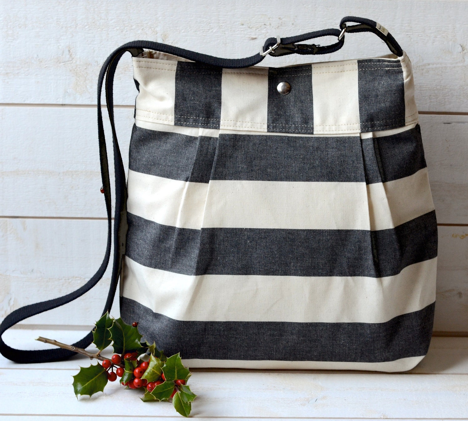 Diaper bag - Messenger bag- Cross body bag -Travel bag STOCKHOLM  Black and Ecru Stripe Pleated French Messenger - 8 Pockets
