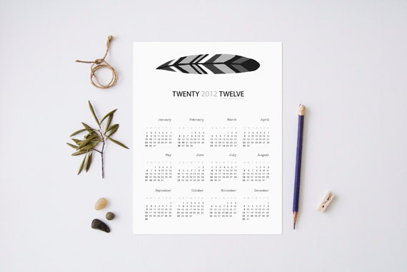 2012 Calendar - Feather illustration White Paper. Wall calendar. 1 Page. Home office. Christmas gift. 8.5 x 11