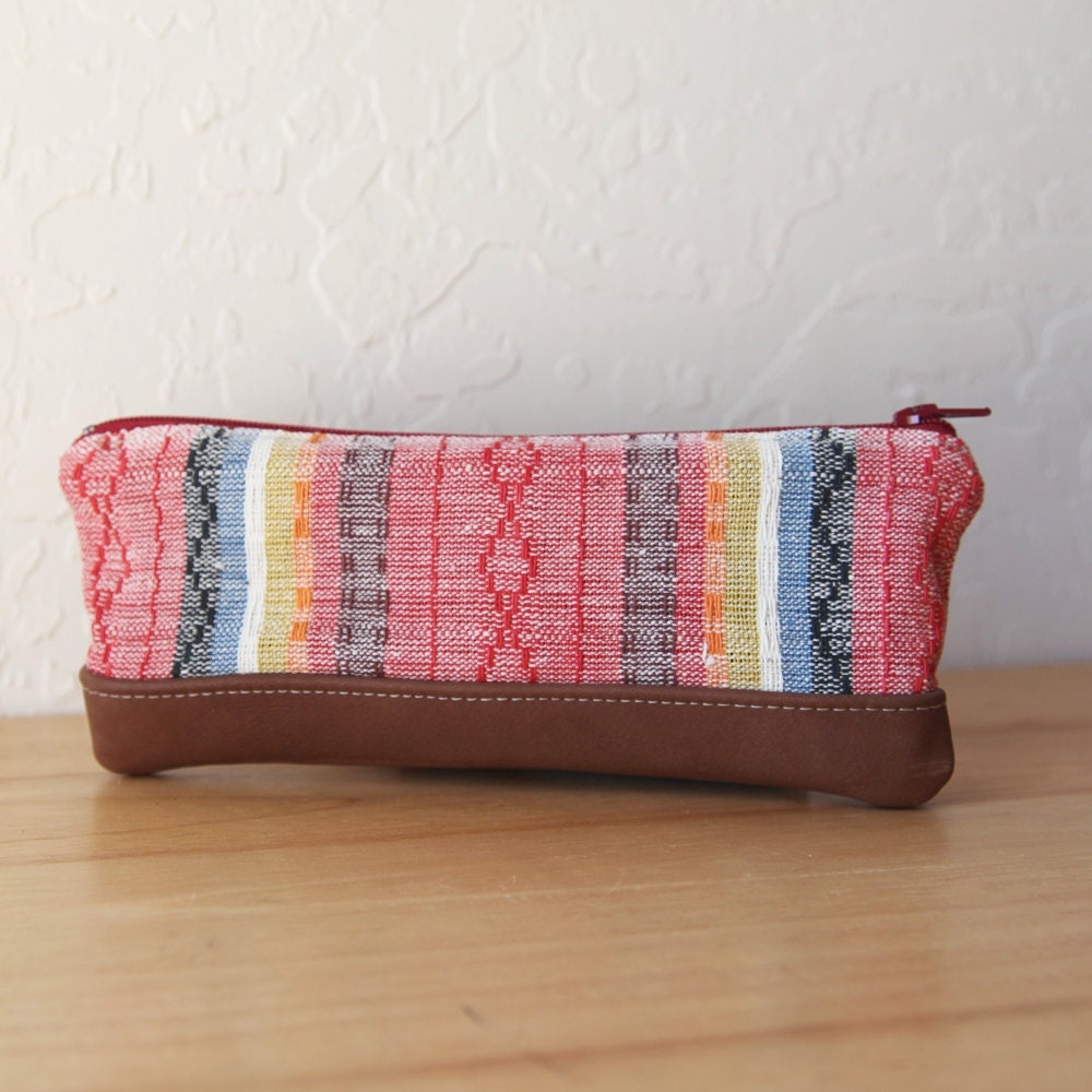 Pencil Pouch in Southwestern Handwoven Cotton and Leather