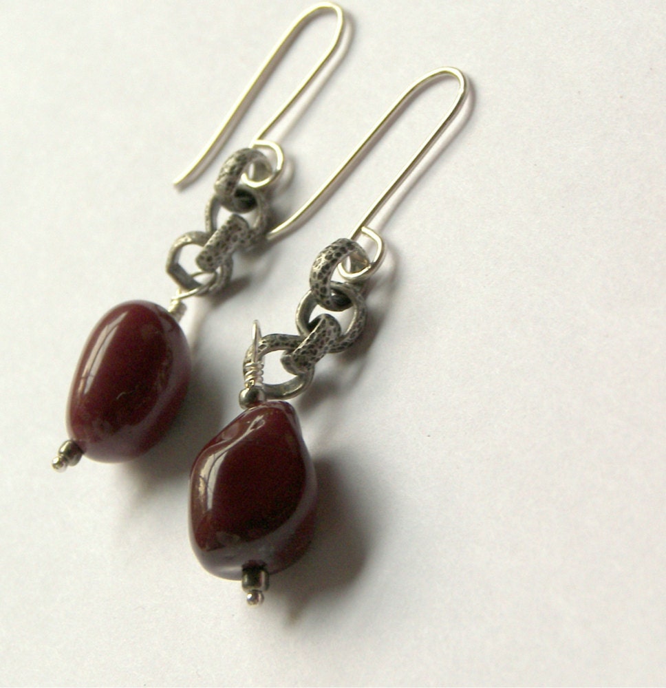 Burgundy Wine Moukaite Nugget Dangle Sterling Silver Earrings