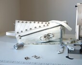 Stella studded white leather biker clutch and shoulder bag, handmade.