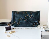 Solenne, dark green studded leather clutch bag, handmade