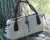 OOAK  Original Design Prairie Land Oatmeal Cable Felted Knit Handbag Purse with Brown Leather Handles