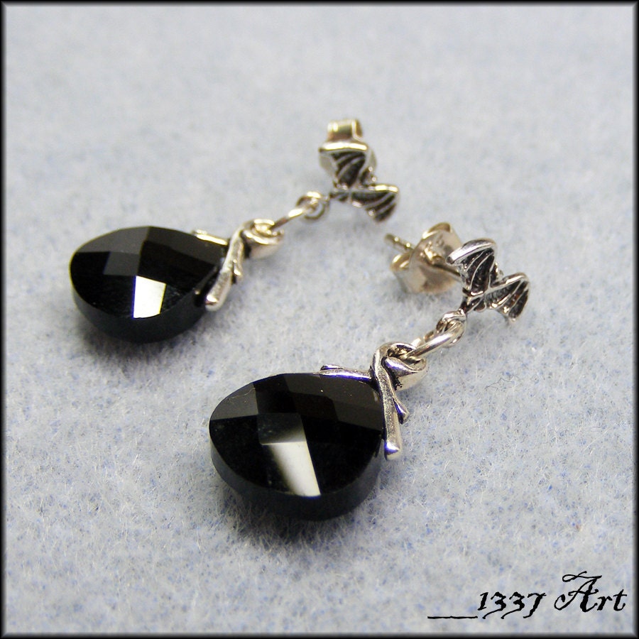 Gothic Bat Earrings Sterling Silver Black Crystals