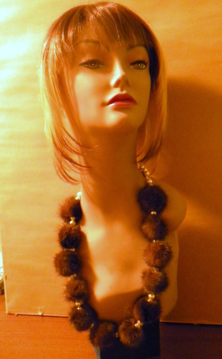 Mink Pom Poms and Faux Glass Pearls Necklace