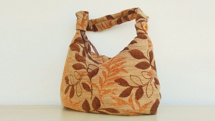Slouch Hobo Purse - Zipper - Large Shoulder Bag - Brown Cocoa Caramel Chenille Leaves (no6)