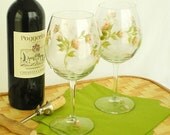 ARTIST MOVING SALE  Hand Painted Wine Glasses Peach Apricot Color Rose Bud Design -  Set of 4 - Goblets Glasses Mothers Day