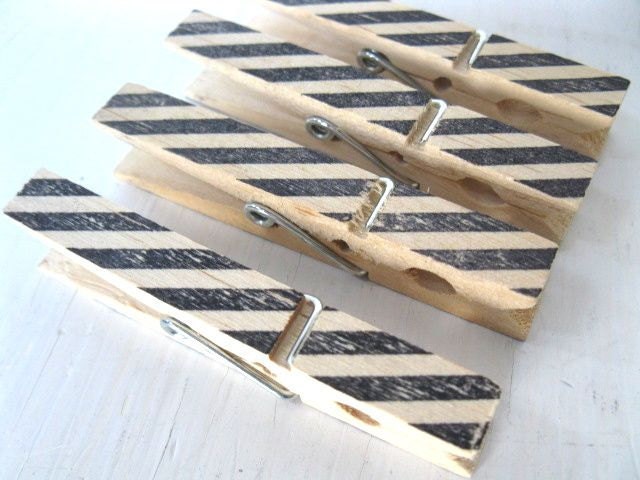 Black Striped CLOTHESPINS - party or wedding favor, gift clip, snack clip, banner clip - Rustic Elegance