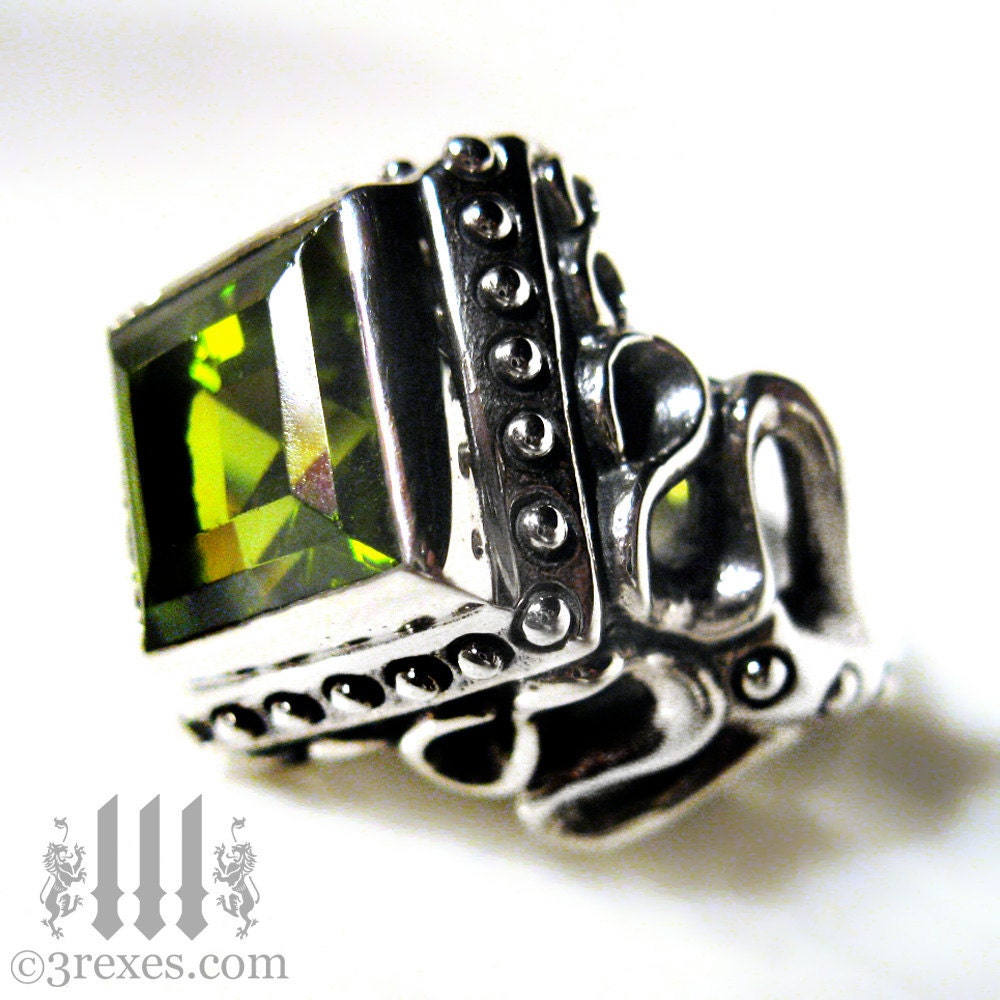 Raven Love Engagement Ring Silver Gothic Engagement Band Green Peridot Stone Size 8