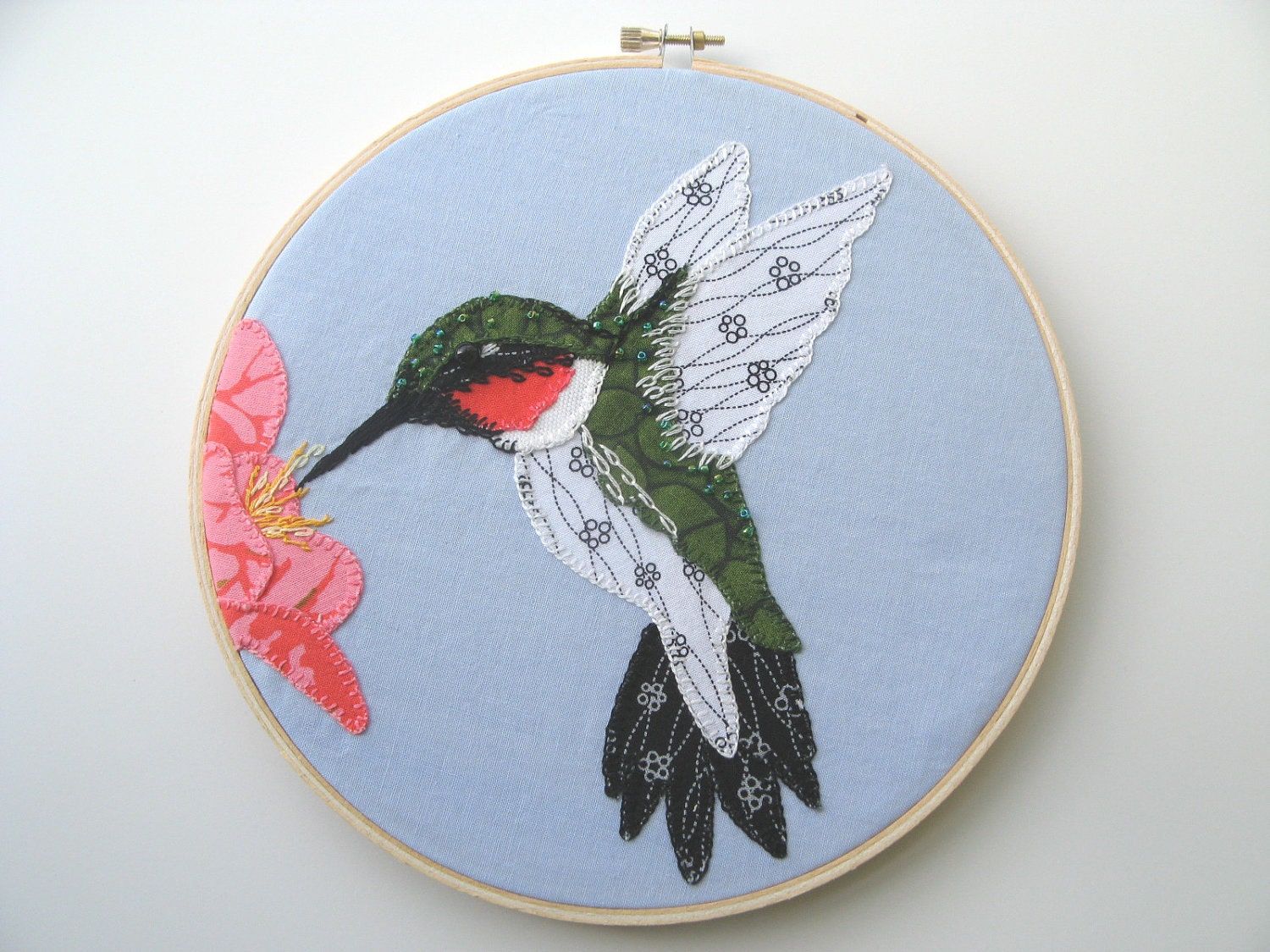 Hummingbird Embroidery Hoop Applique Flowers Pink Red Green 8 Inch