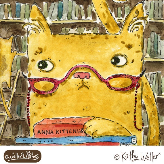 ACEO Art Print Librarian Kitty Illustration by Kathy Weller Wellerwishes