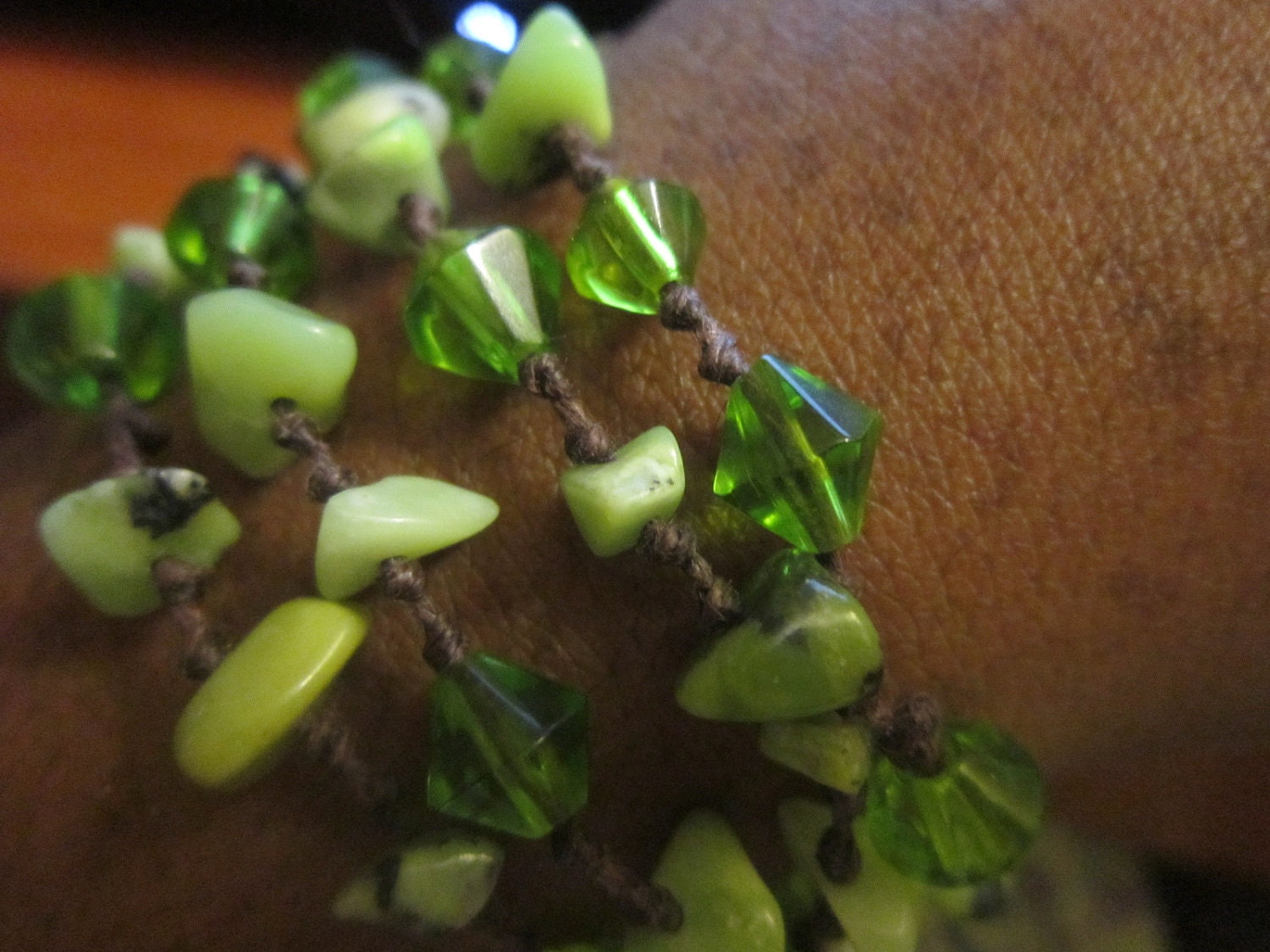 Earthy Dream - Green Turquoise and Glass Hand-Knotted Linen Chakra Bracelet