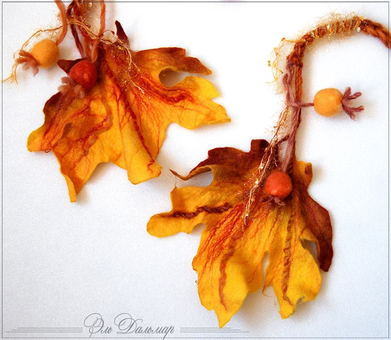 Leaves Brooch  Felted   Art  Felted Scarf  Autumn Color  Lightweight Fashion Extra  hand dyed and painted