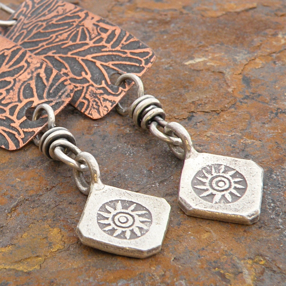 Etched Copper Earrings, Leaf Texture, Hill Tribe Silver, Sterling Silver