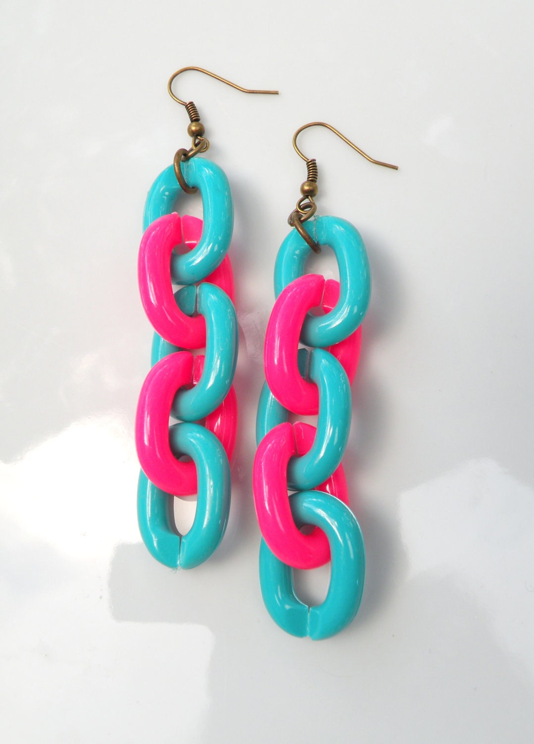 Neon Earrings, Neon Pink,Blue, Plastic Links, Bright, Vintage Brass, Handmade