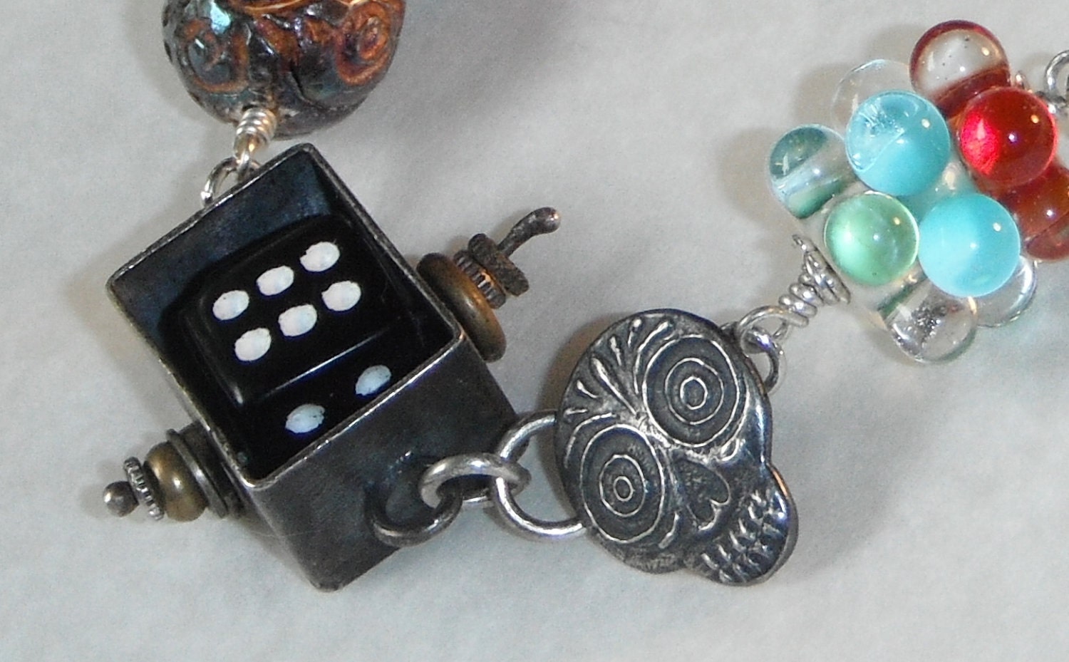 Lucky Life bracelet, sterling silver, Skull and Die, silver clay, lampwork, Free Shipping Etsy- gift idea under 200