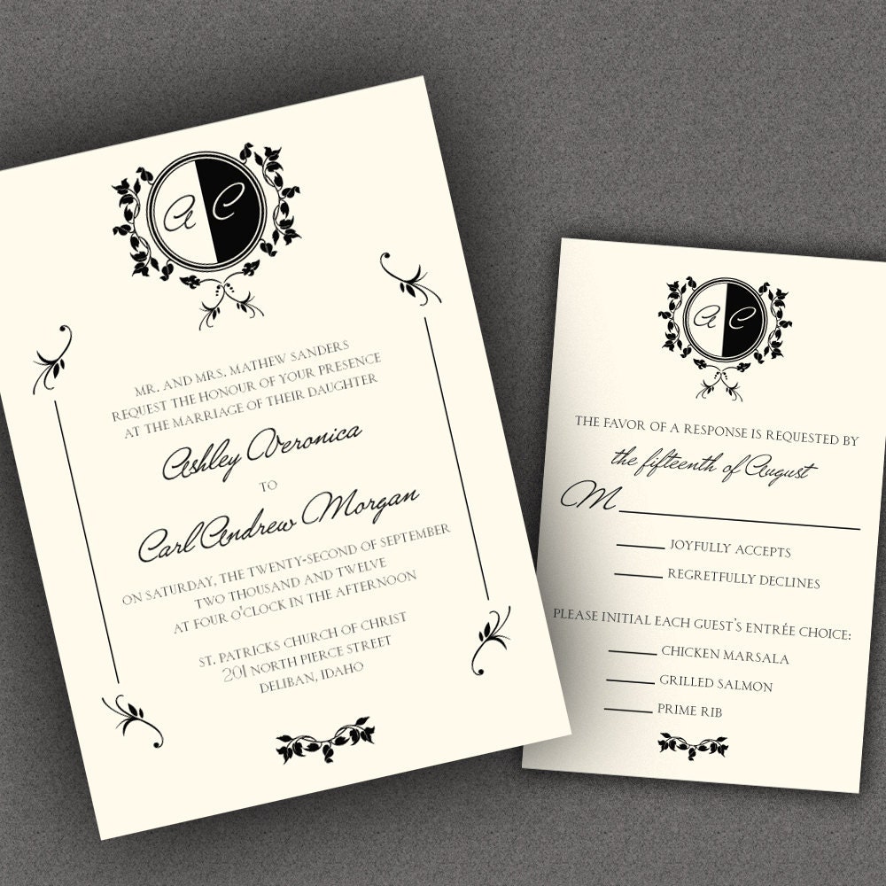 Black and White Wedding Invitations Suite with Monogram and Classic Border