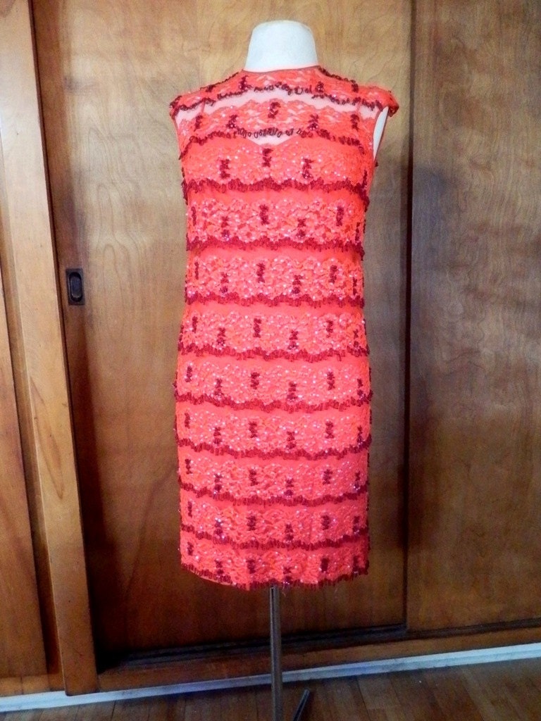 Valentine Red Beaded Lace Sequin Vintage Cocktail Dress
