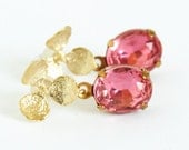 Pink Vintage Jewel Earrings With Gold Flower Posts - Perfect For The Bride